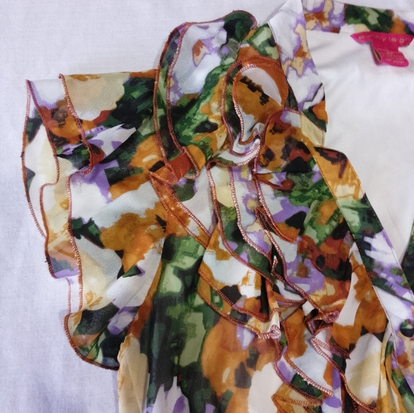 Sunny Leigh Ruffle Short Sleeve Shirt Button Front Floral Print Elastic Waist - Picture 4 of 6